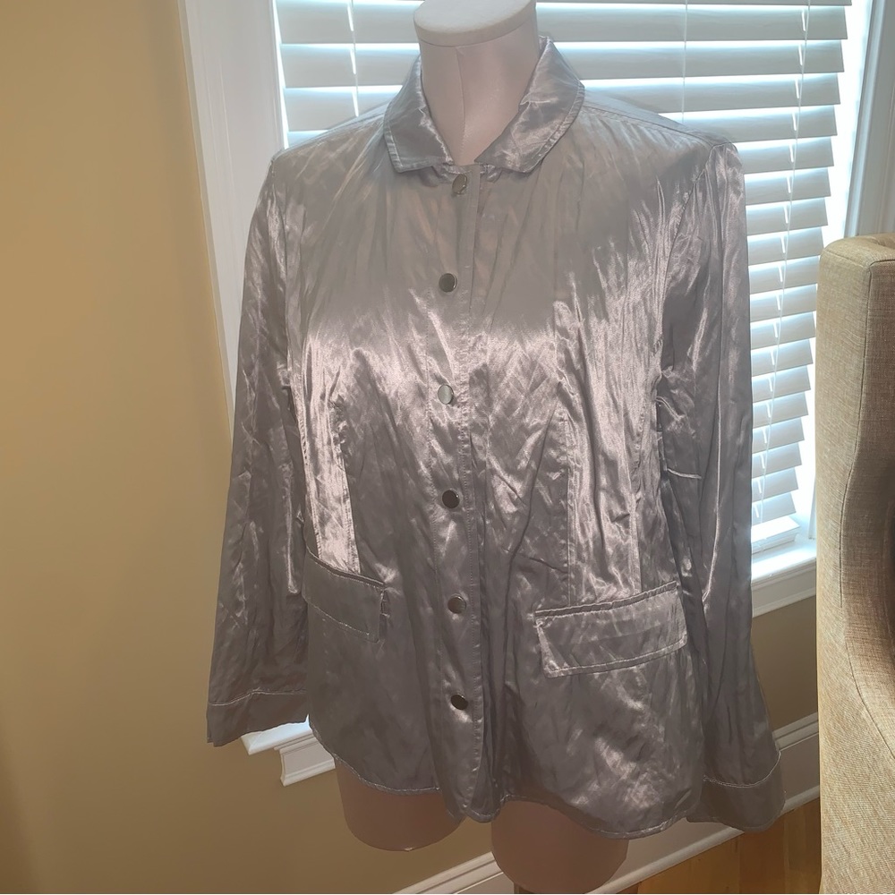 NWT- Chico’s Utility Blazer Size 2. Beautiful Silver color with crinkly look.